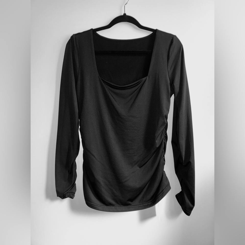 LuFeng Ruched Square Neck Black Top Long Sleeve Fleece Lined Women Size Large